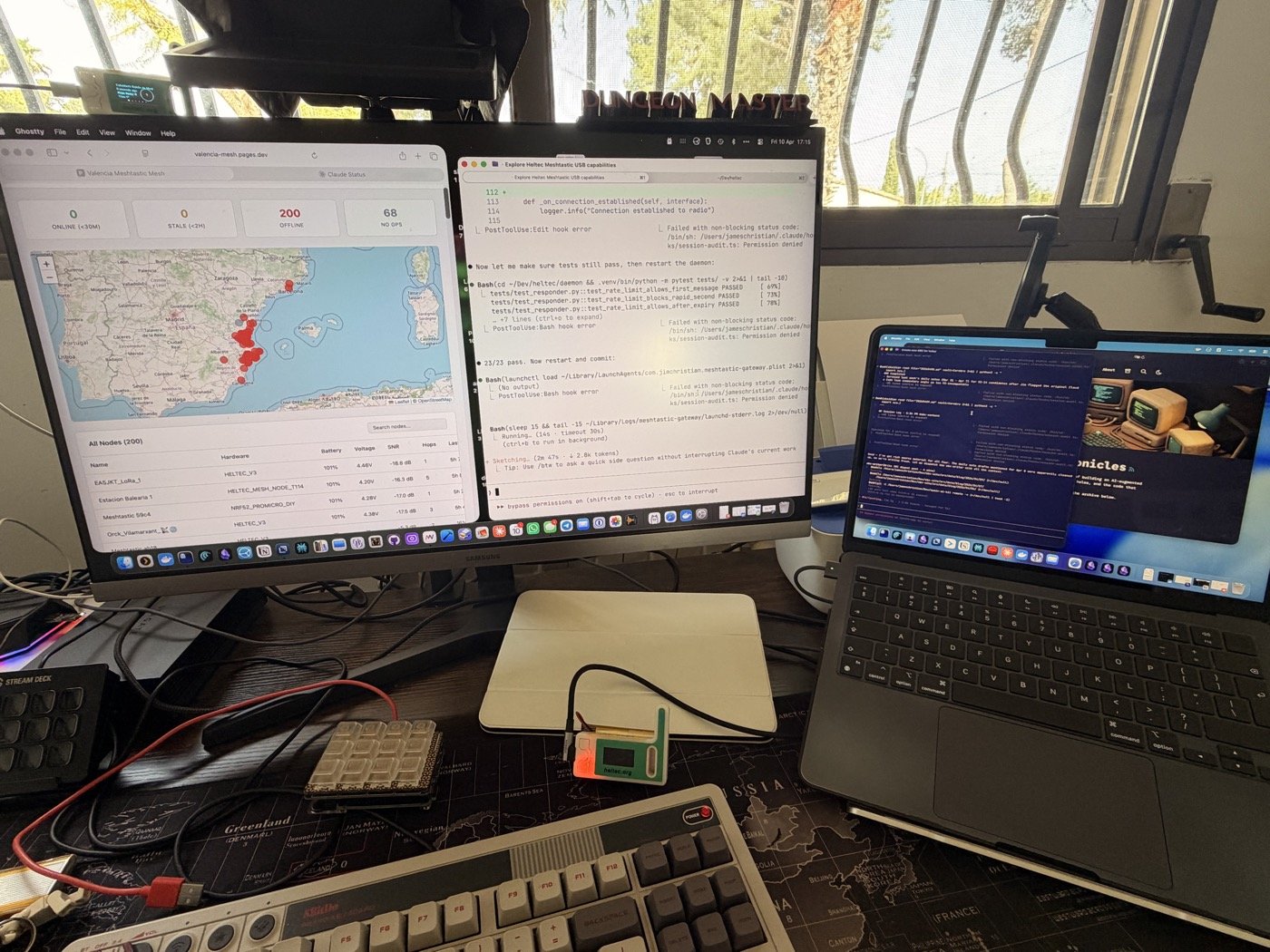 The Heltec V3 connected to my Mac, valencia-mesh dashboard on the monitor